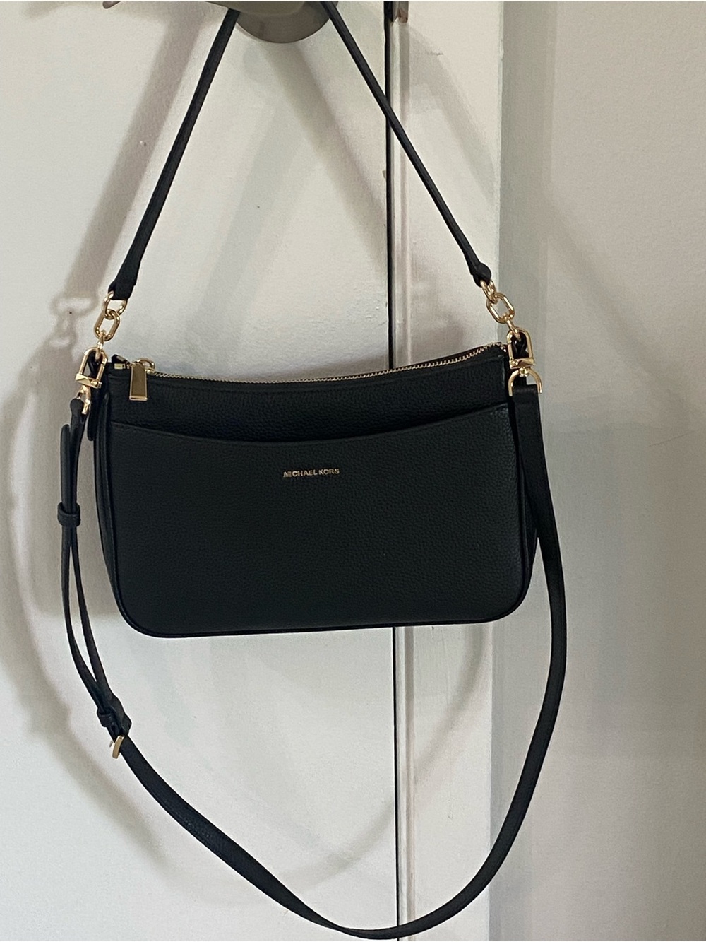 Michael Kors Black Pebbled Leather Convertible Crossbody with Gold Hardware